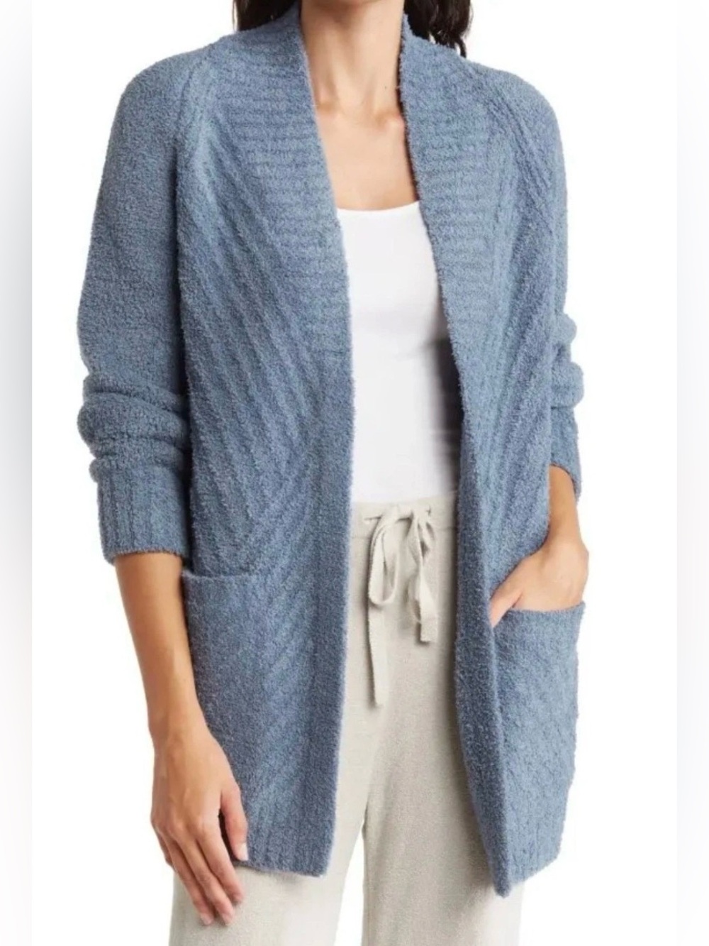Barefoot Dreams‎ CozyChic Directional Ribbed Cardigan Sz L Blue Gray Open Front
